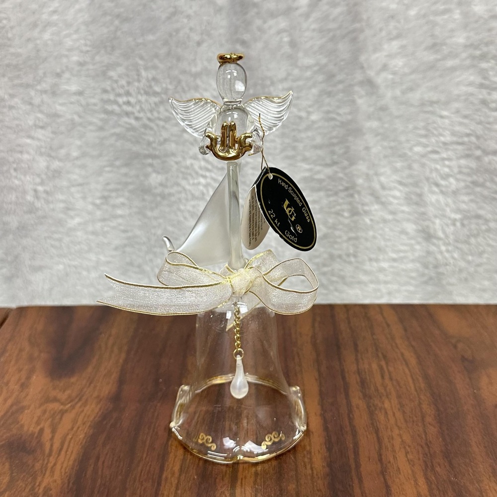 Vintage Unison Gifts Glass Angel Bell Figurine 22kt Gold Trim Hand Blown 2000
